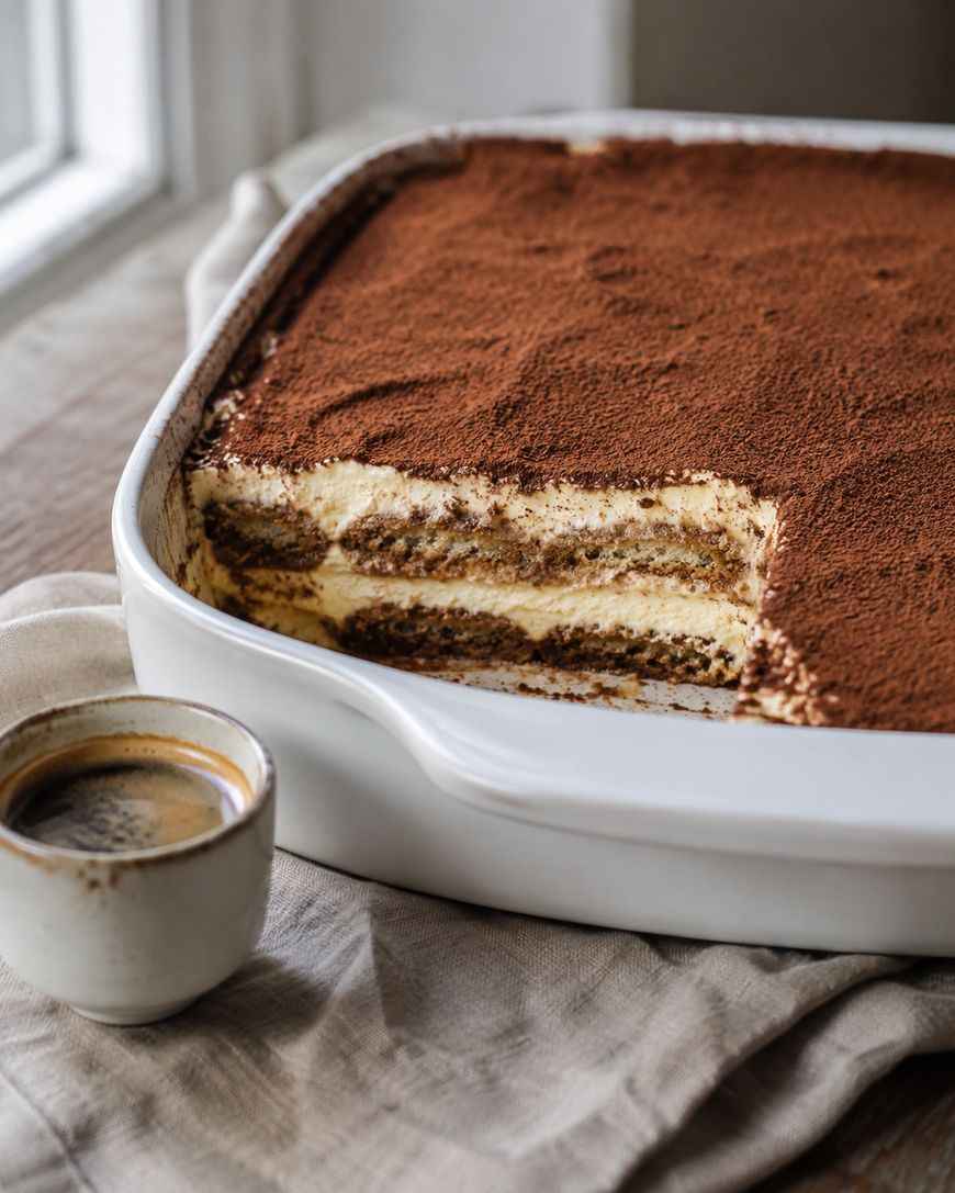 A square dish of tiramisu with a portion removed, revealing its creamy layers and dusted cocoa top, sits on a cloth near a cup of espresso by a sunlit window.