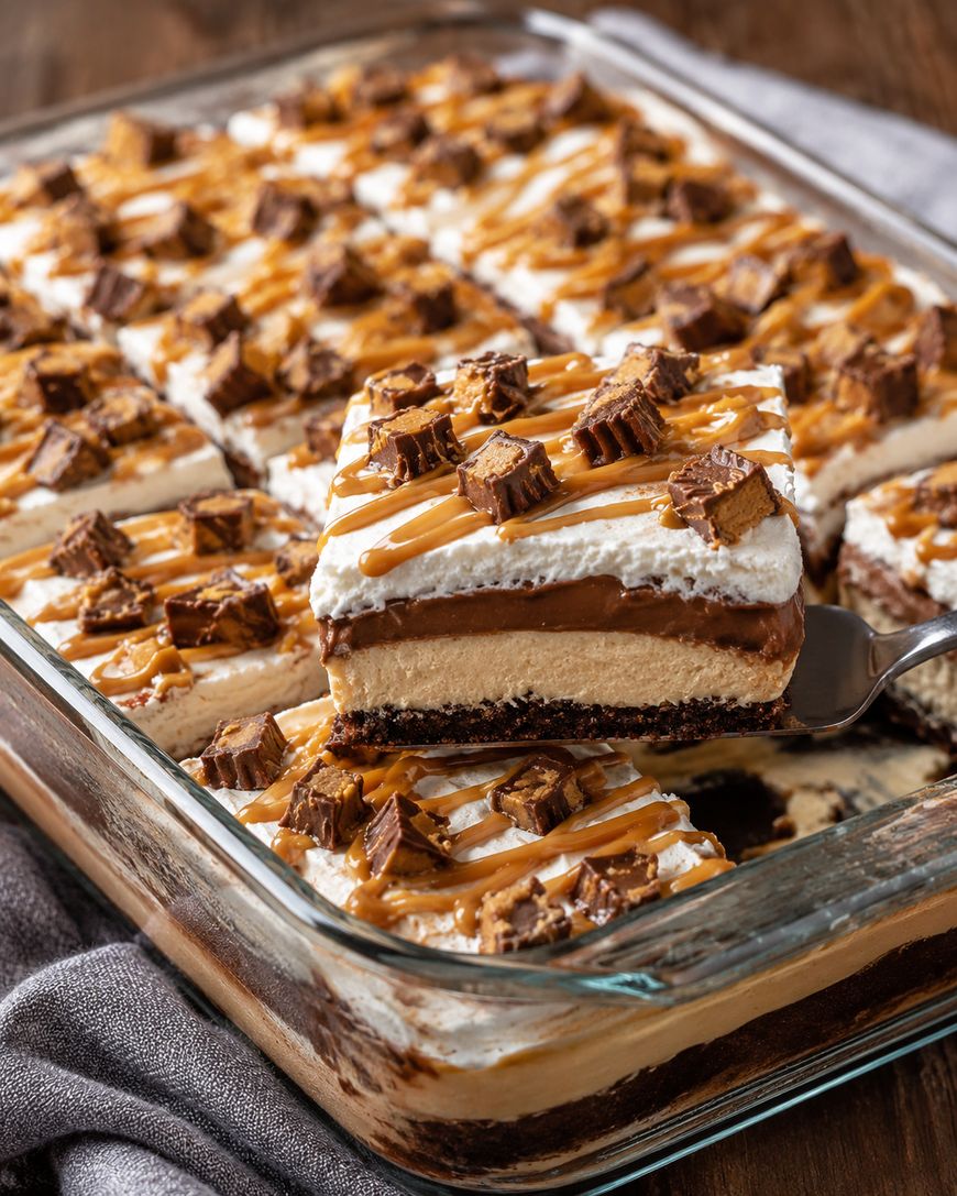 A close-up of a layered dessert in a glass baking dish, topped with whipped cream, chopped peanut butter cups, and caramel drizzle. One square is being lifted out on a spatula, showing chocolate and creamy layers.
