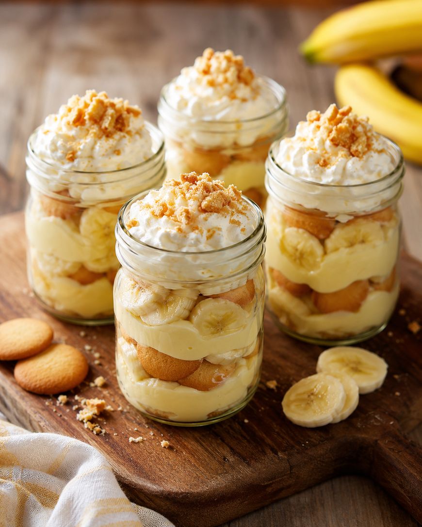 Four glass jars filled with layers of banana slices, vanilla pudding, and cookies, topped with whipped cream and crumbled cookies, are arranged on a wooden board with fresh bananas and cookies nearby.