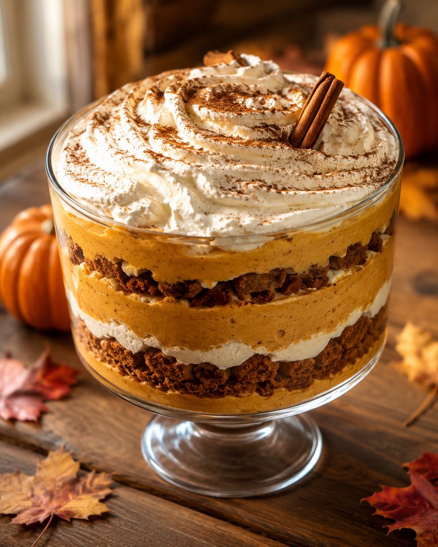 A glass trifle dish filled with layered pumpkin dessert, whipped cream, and crumbled cake, topped with whipped cream, cinnamon, and a cinnamon stick. Autumn leaves and small pumpkins are in the background.