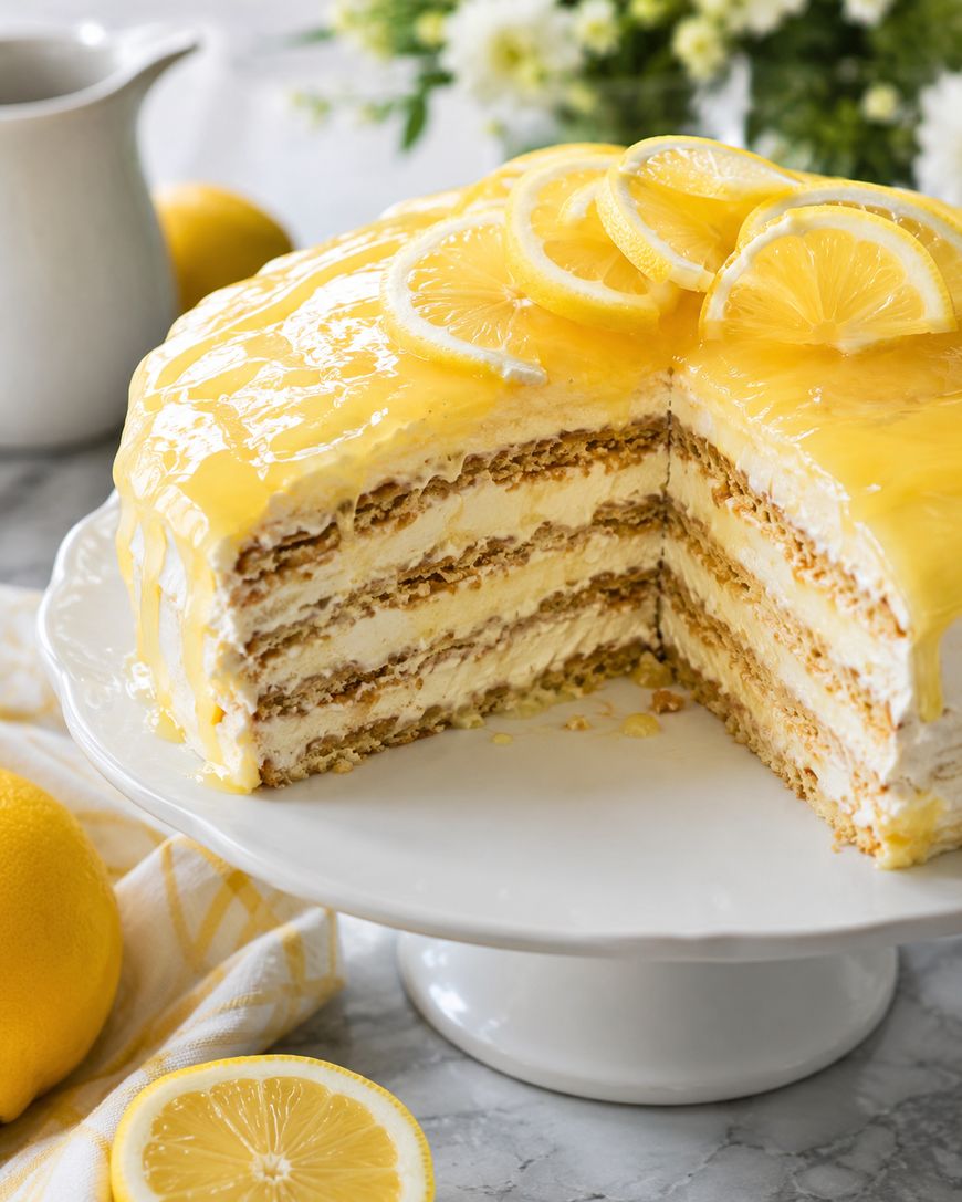 A layered lemon cake with creamy filling and glossy lemon glaze, topped with lemon slices. A large slice is missing. The cake sits on a white stand with fresh lemons and a floral arrangement in the background.
