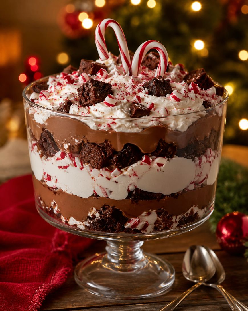 A festive trifle dessert in a glass bowl, layered with whipped cream, chocolate pudding, brownie pieces, and crushed peppermint candy, topped with two candy canes. Christmas lights and ornaments are blurred in the background.