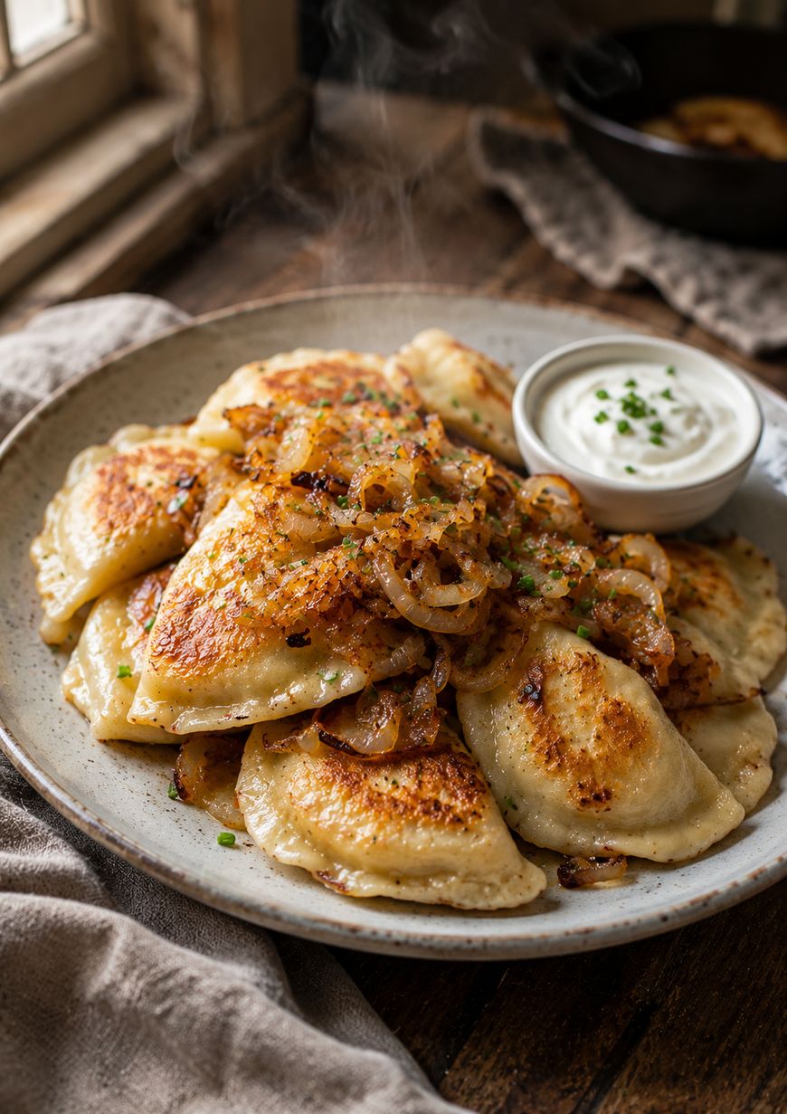 A plate of golden-brown pierogi topped with sautéed onions and chopped chives, served with a small bowl of sour cream on the side, sits on a rustic wooden table near a window.