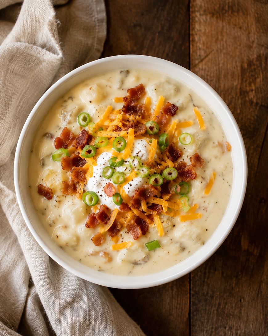 A bowl of creamy potato soup topped with shredded cheddar cheese, crispy bacon bits, sliced green onions, and a dollop of sour cream, placed on a rustic wooden table with a beige cloth napkin.
