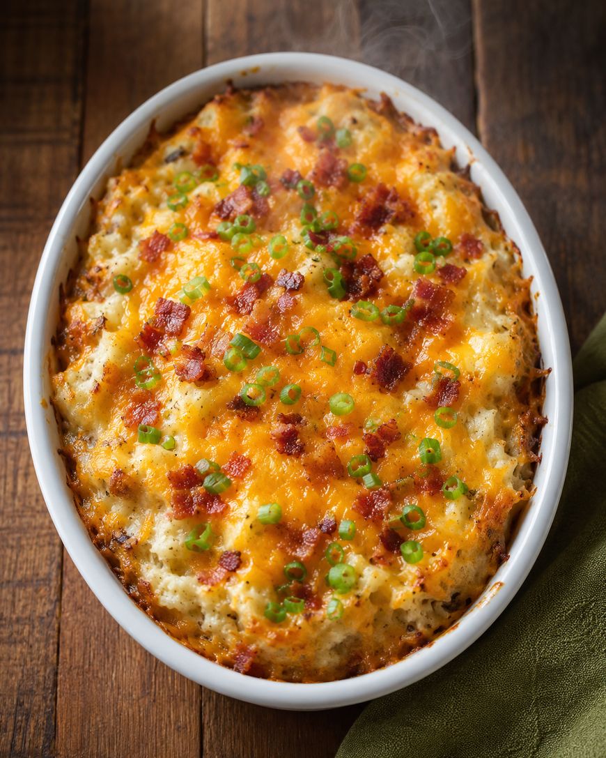 A baked casserole topped with melted cheddar cheese, crispy bacon bits, and chopped green onions, served in a white oval dish on a wooden table, with steam rising from the hot food.