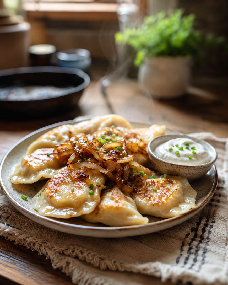 A plate of golden-brown pierogis topped with sautéed onions, served with a side of sour cream garnished with chives, sits on a rustic cloth with a blurred kitchen background.