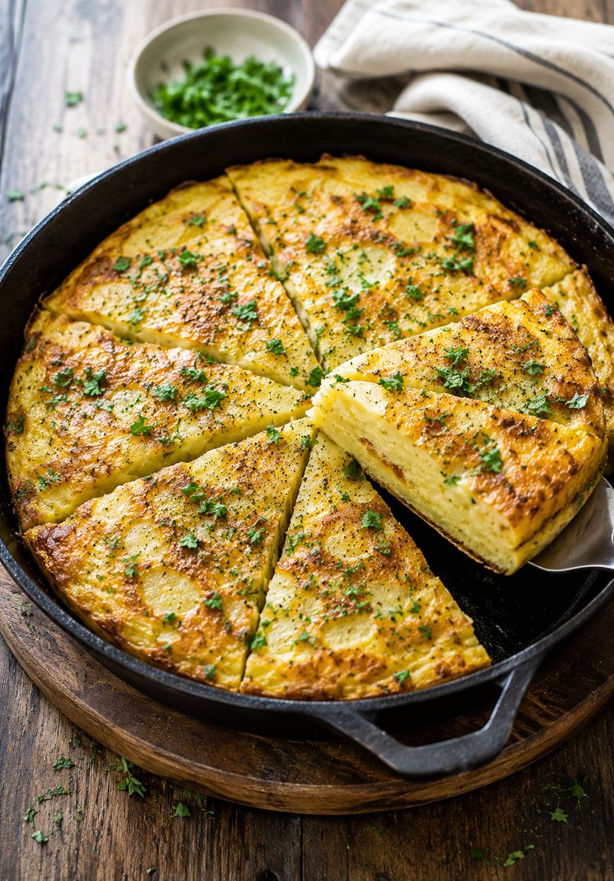 A golden-brown Spanish tortilla cut into wedges sits in a cast iron skillet, garnished with chopped herbs, with one slice being lifted. A bowl of herbs and striped cloth are nearby on a rustic wooden surface.