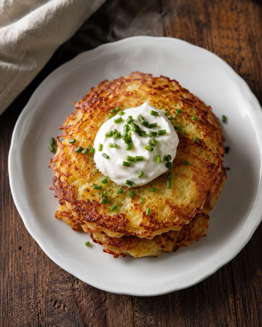 Three crispy potato pancakes stacked on a white plate, topped with a dollop of sour cream and sprinkled with chopped chives, set on a rustic wooden table.