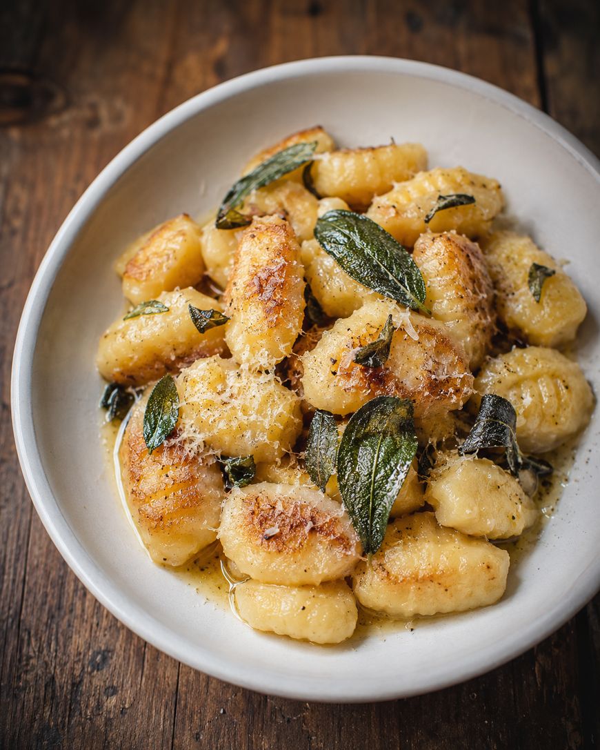 A white bowl filled with golden-brown gnocchi, topped with crispy sage leaves and grated cheese, sits on a rustic wooden table. The gnocchi are glistening with melted butter.