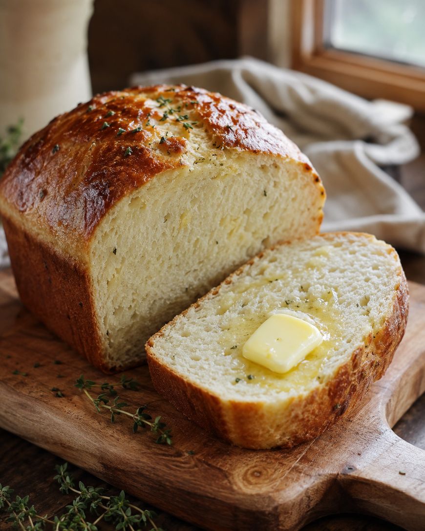 A loaf of freshly baked bread sits on a wooden cutting board, with one slice cut and topped with a melting pat of butter. Sprigs of herbs are visible on the bread and the board, with a cloth in the background.