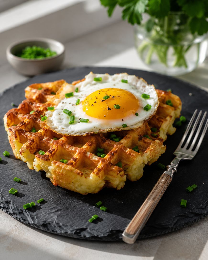 A crispy waffle topped with a sunny-side-up egg and chopped chives sits on a slate plate beside a fork, with a bowl of chives and a glass vase of parsley in the background.