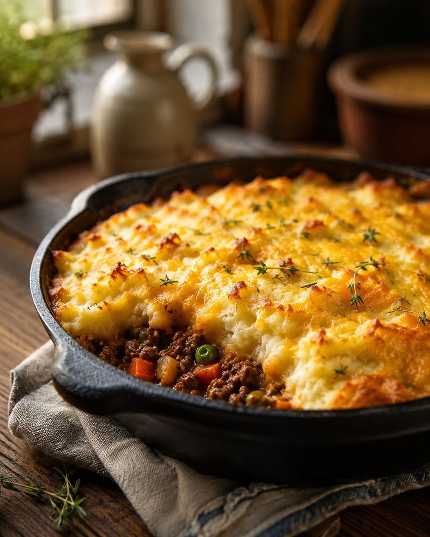 A freshly baked shepherd’s pie in a cast iron skillet sits on a cloth, featuring golden, crispy mashed potatoes on top of a savory meat and vegetable filling, garnished with fresh thyme. Rustic kitchen background.