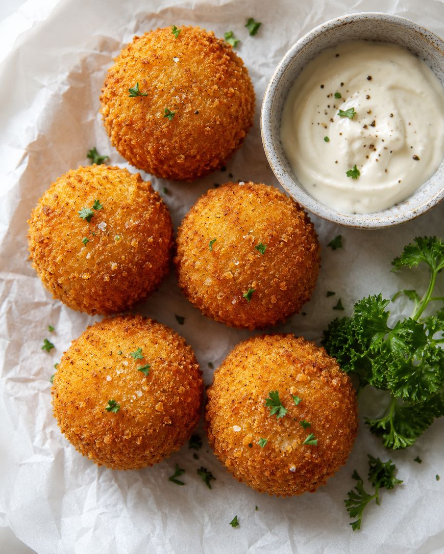 Five golden-brown, crispy breaded balls are arranged on parchment paper with a sprig of parsley. A small bowl of creamy white dipping sauce garnished with pepper sits to the side.
