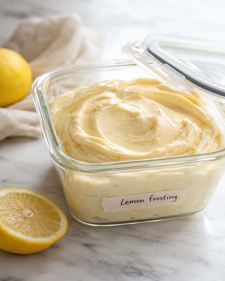 A glass container filled with tangy lemon cream cheese frosting sits on a marble surface, accompanied by a sliced and whole lemon. A beige cloth is in the background, and the container is labeled Lemon frosting.