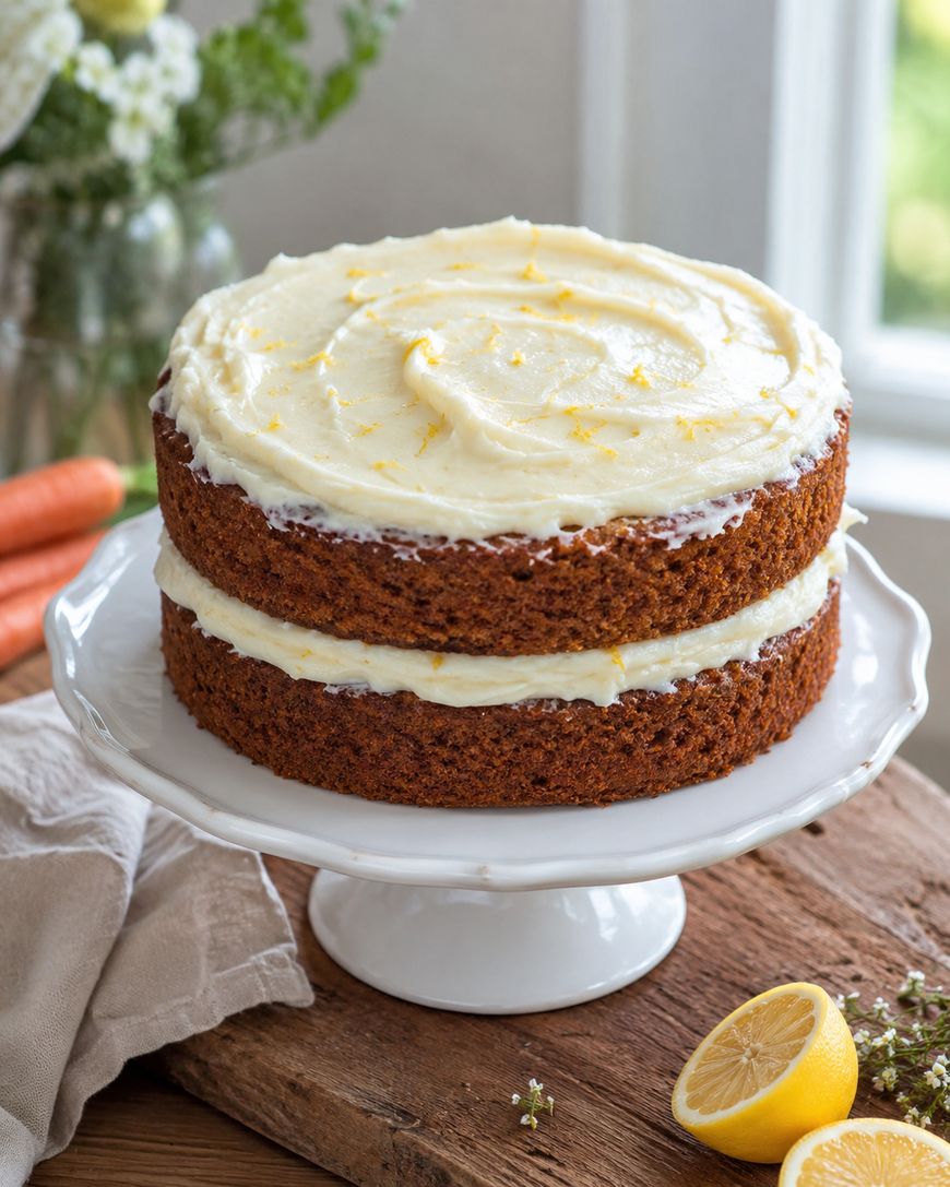 A two-layer carrot cake with creamy white frosting and lemon zest sits on a white cake stand. A halved lemon and a beige napkin are on a wooden surface nearby, with flowers and carrots blurred in the background.