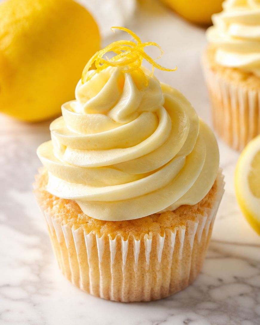 A lemon cupcake topped with creamy swirled frosting and lemon zest sits on a marble surface, with fresh lemons in the background.