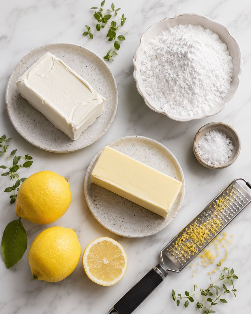 A marble surface with two lemons, one sliced in half, a block of cream cheese, a stick of butter, a bowl of powdered sugar, a small bowl of salt, a zester with lemon zest, and fresh green herbs.