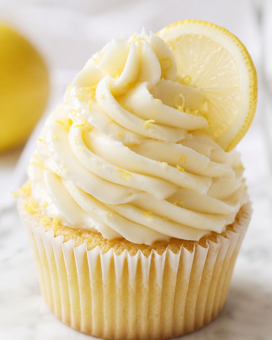 A vanilla cupcake with swirled lemon frosting, garnished with a lemon slice and lemon zest, sits on a marble surface.
