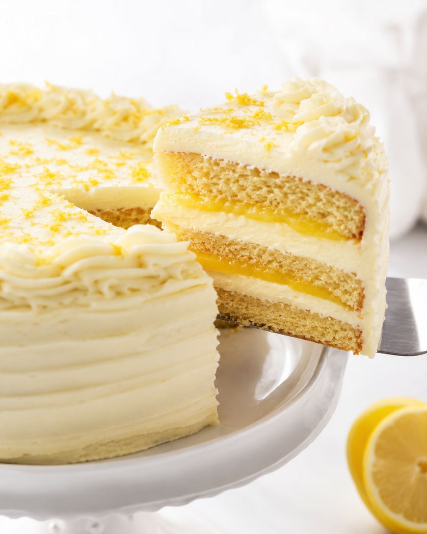 A three-layer lemon cake with yellow filling and white frosting is displayed on a cake stand. A slice is being lifted out, and a lemon half is visible beside the stand.