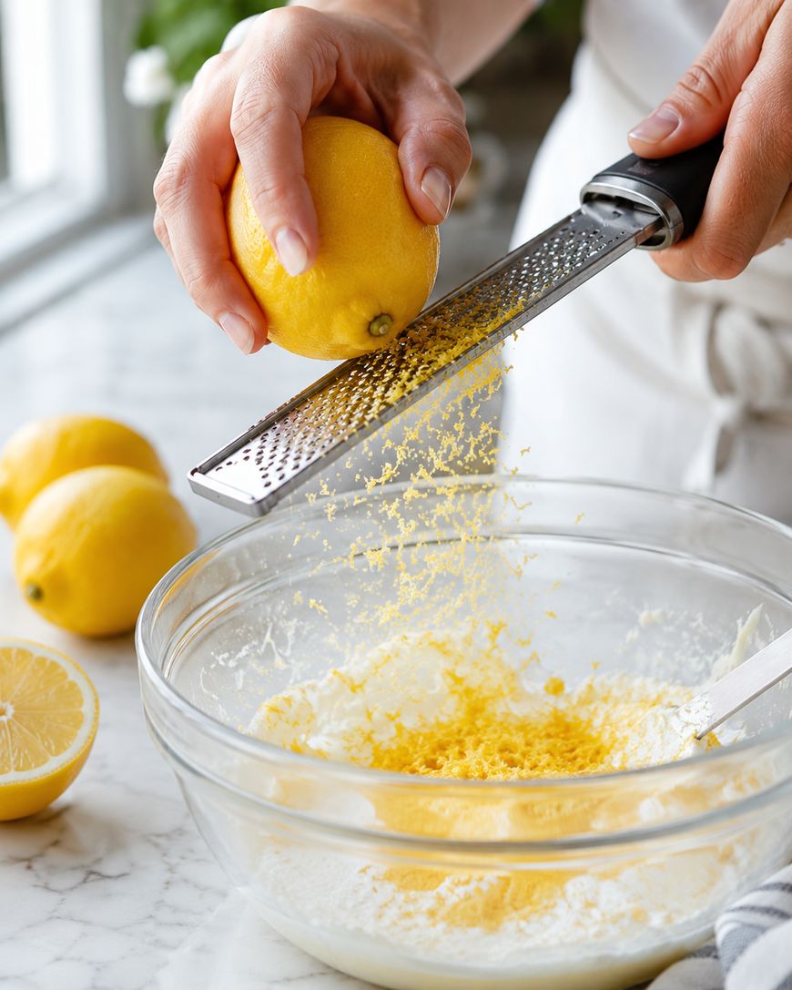A person grates the zest of a lemon over a glass bowl filled with ingredients, with whole and halved lemons on a marble counter nearby.