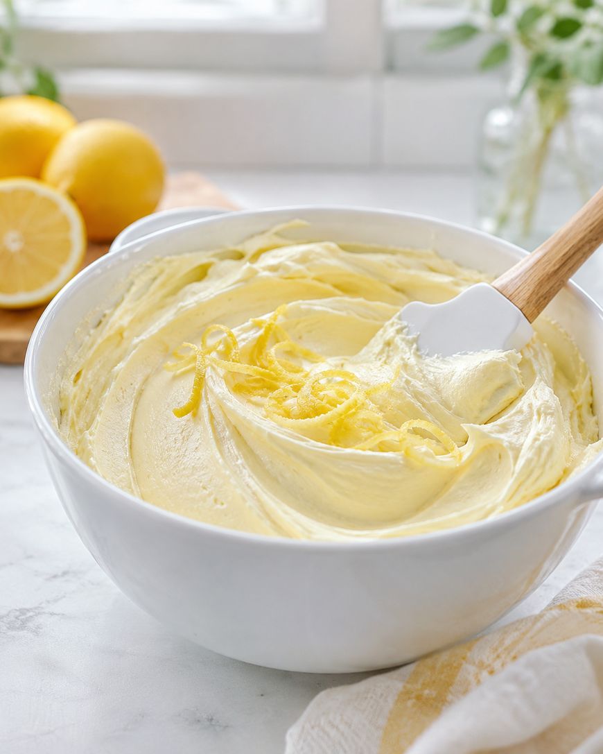A white bowl filled with creamy yellow lemon frosting is being stirred with a spatula on a light kitchen counter. Lemons and a sliced lemon are on a wooden board in the background.