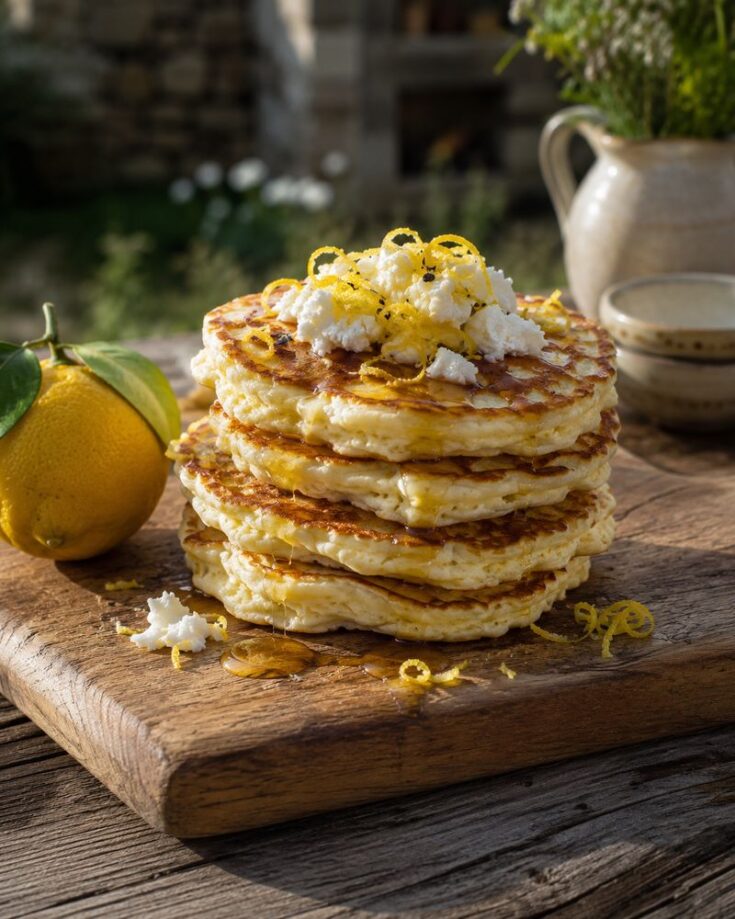 A stack of fluffy pancakes topped with crumbled cheese and lemon zest sits on a wooden board beside a fresh lemon, with rustic pottery and greenery in the background—perfect inspiration for your next pancake recipe.