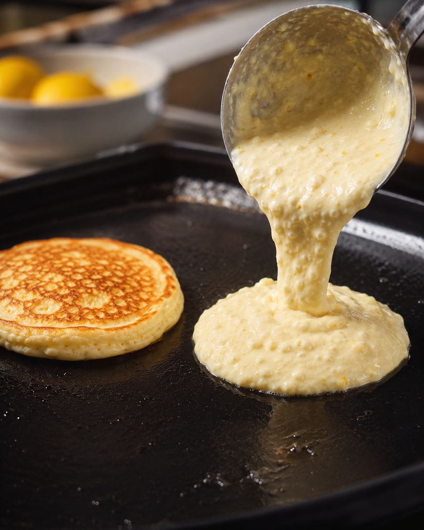 A ladle pours pancake batter onto a hot griddle next to a golden-brown, cooked pancake, with a bowl of lemons blurred in the background.