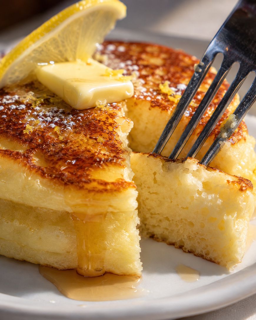 A stack of fluffy pancakes topped with a lemon slice and a pat of butter, drizzled with syrup. A fork is cutting into the pancakes, and powdered sugar is sprinkled on top.