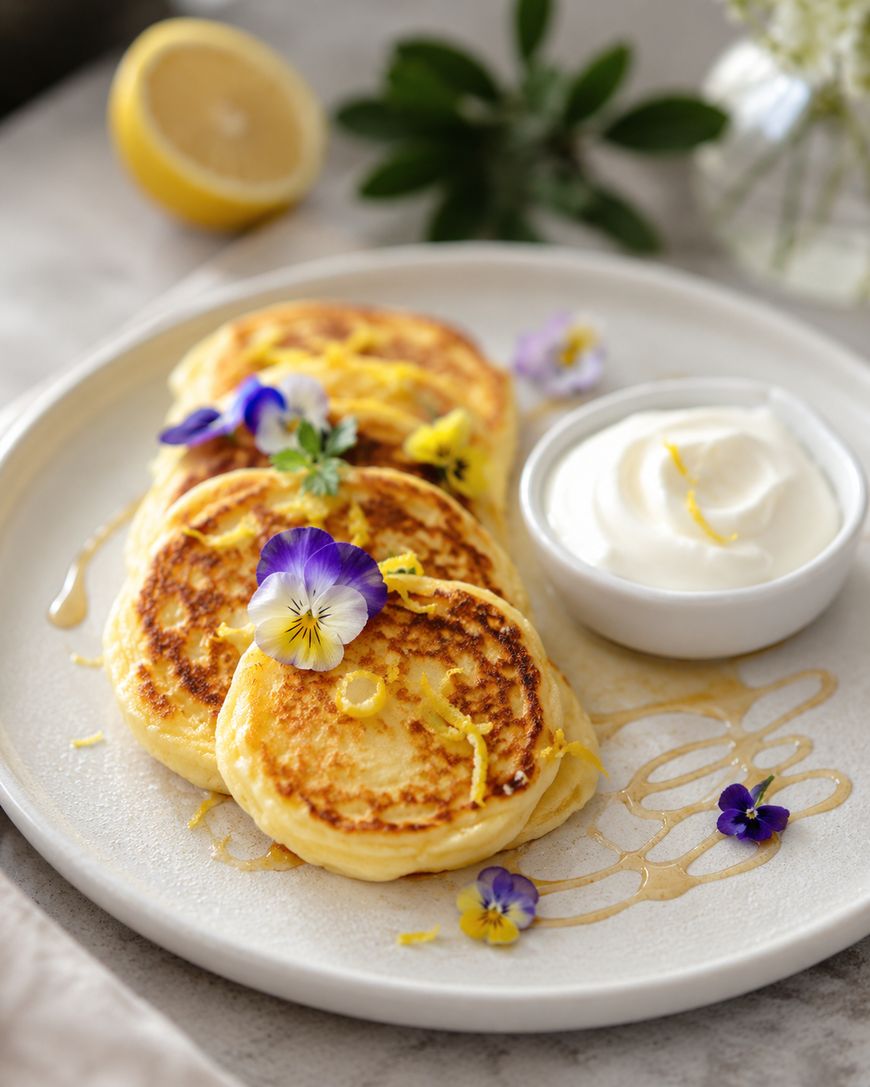 Three golden pancakes topped with edible flowers and lemon zest, served on a white plate with a drizzle of honey and a side of whipped cream. A halved lemon and green leaves are in the background.