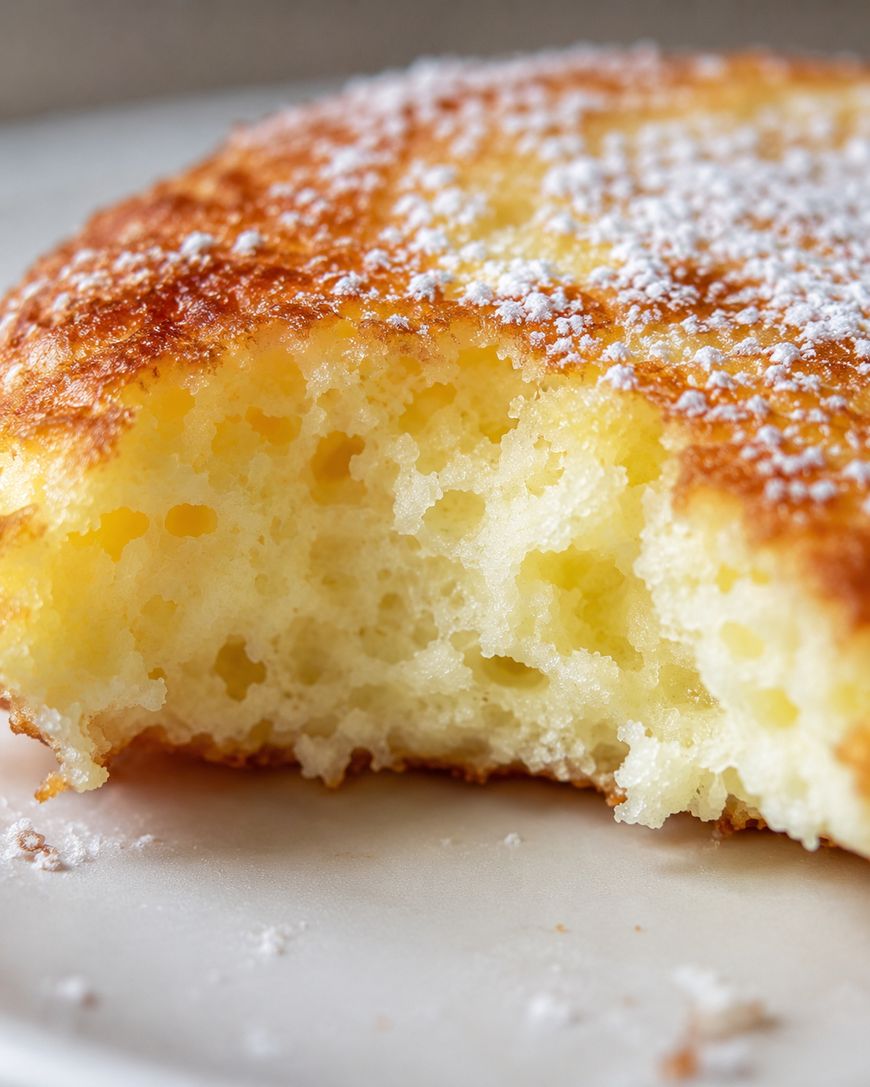 A close-up of a fluffy pancake with a golden-brown crust, dusted with powdered sugar and showing a bite taken out, revealing its soft, airy interior.