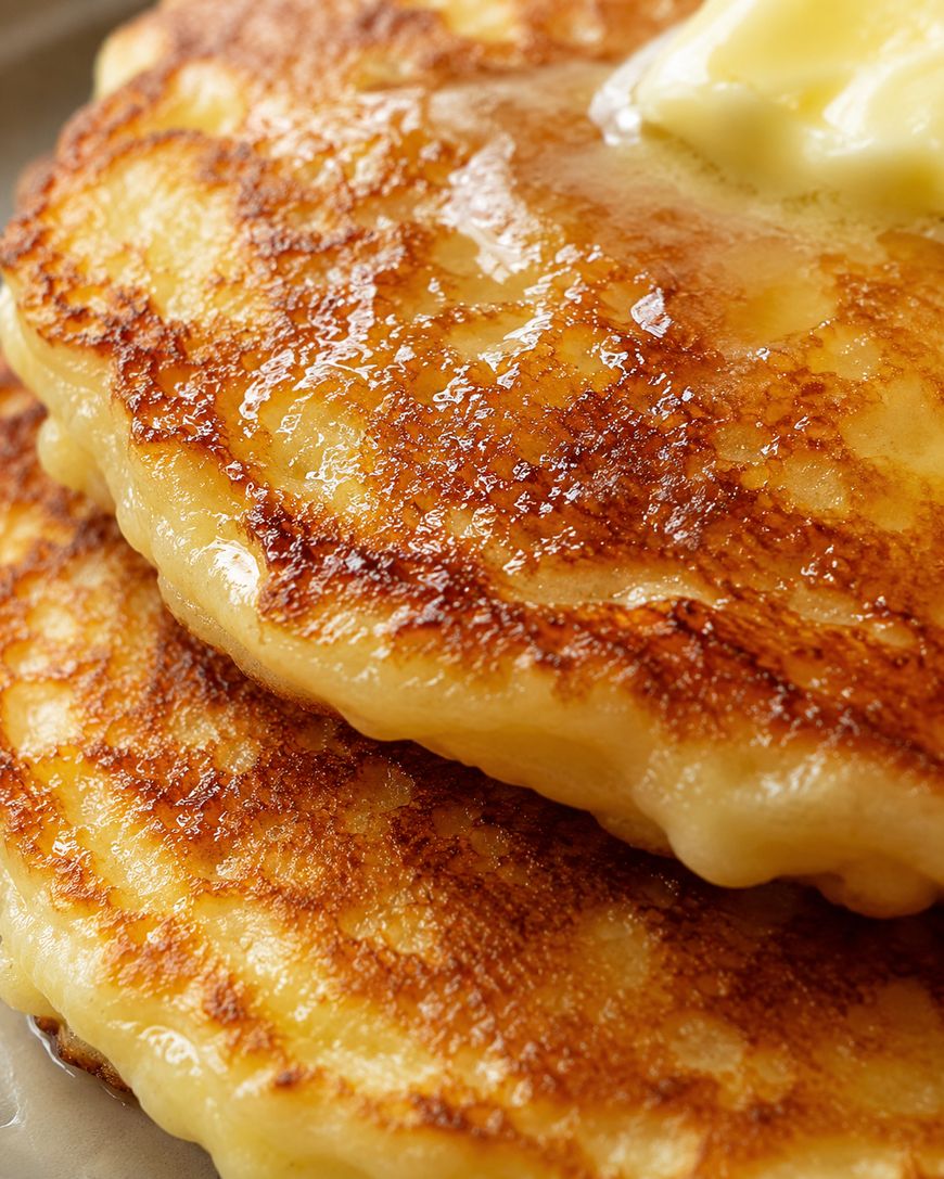 Close-up of two golden brown pancakes stacked on a plate, topped with a pat of melting butter and glistening with syrup.