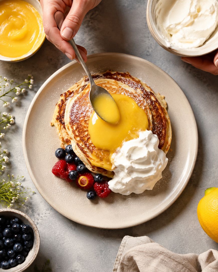 A plate of pancakes topped with whipped cream and surrounded by fresh berries. A hand is spooning yellow lemon curd onto the pancakes. Extra bowls of lemon curd, whipped cream, and berries are nearby.