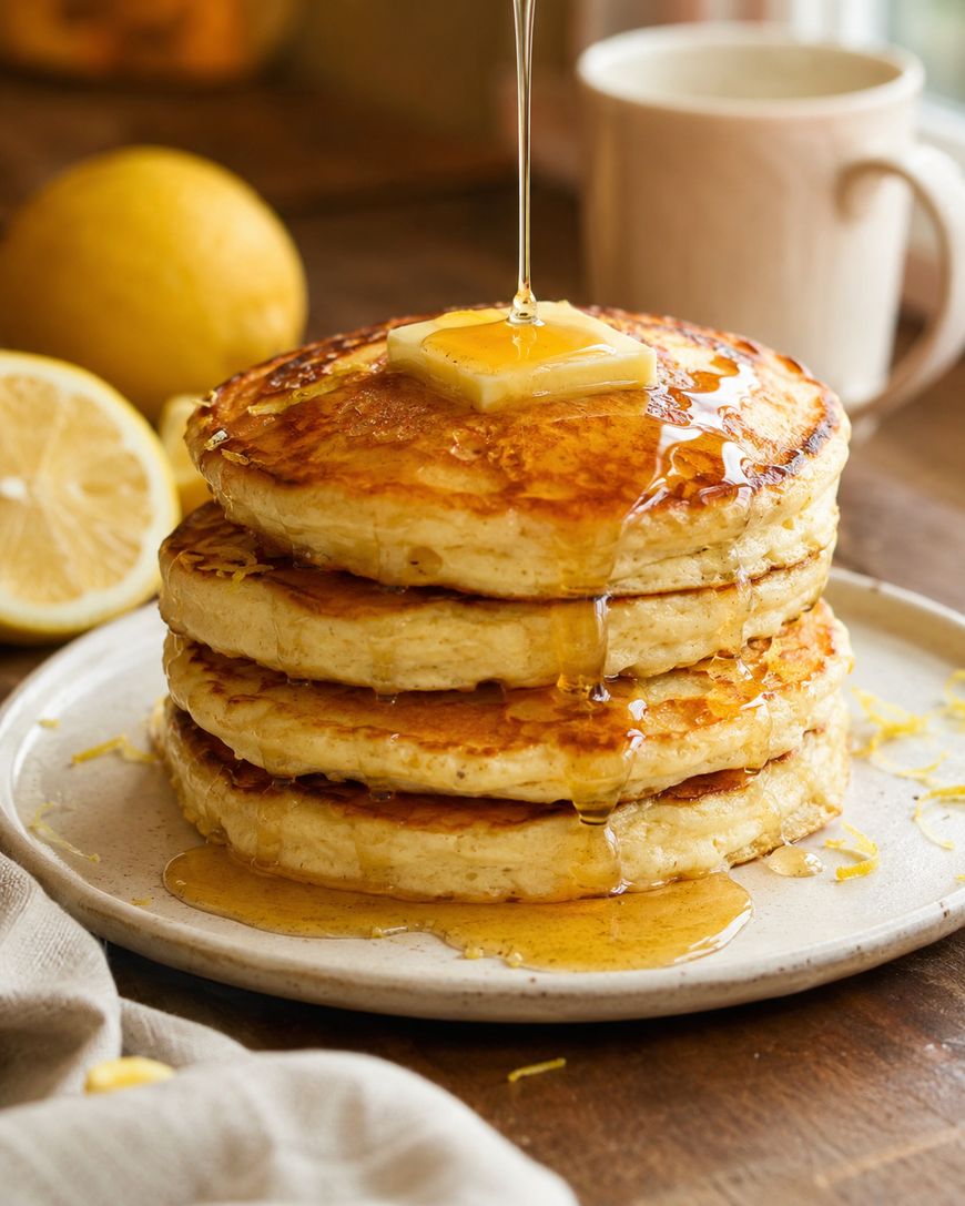 A stack of fluffy pancakes topped with a pat of butter and drizzled with syrup, on a plate with lemon slices in the background and a mug nearby.