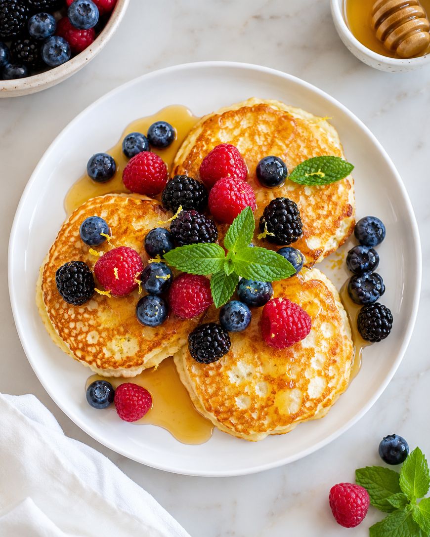 Three golden pancakes on a white plate, topped with fresh raspberries, blackberries, blueberries, mint leaves, and drizzled with syrup. A bowl of berries and a honey dipper sit nearby on a marble surface.