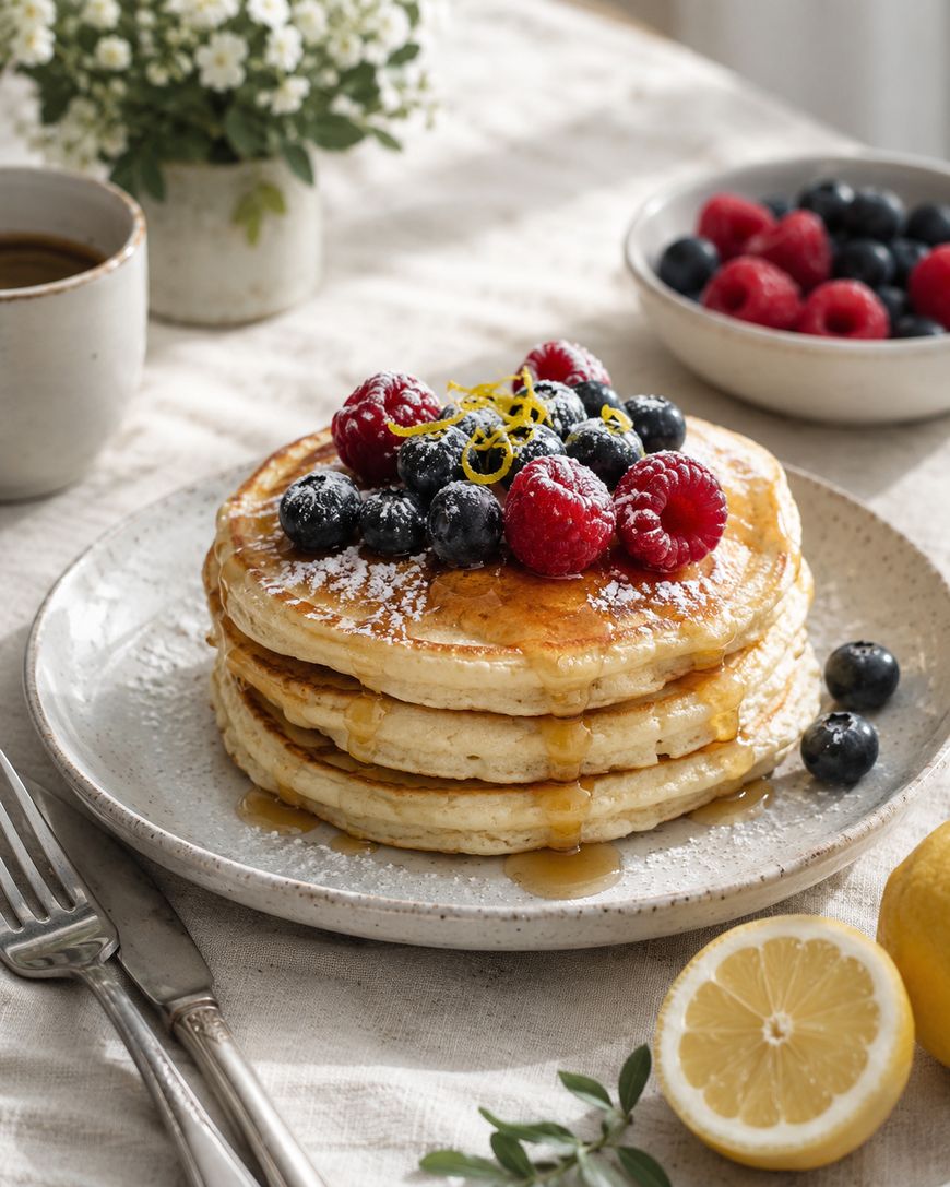 A stack of pancakes topped with raspberries, blueberries, lemon zest, and powdered sugar, drizzled with syrup. A bowl of berries, a cup of coffee, cutlery, flowers, and a halved lemon are nearby on a light tablecloth.