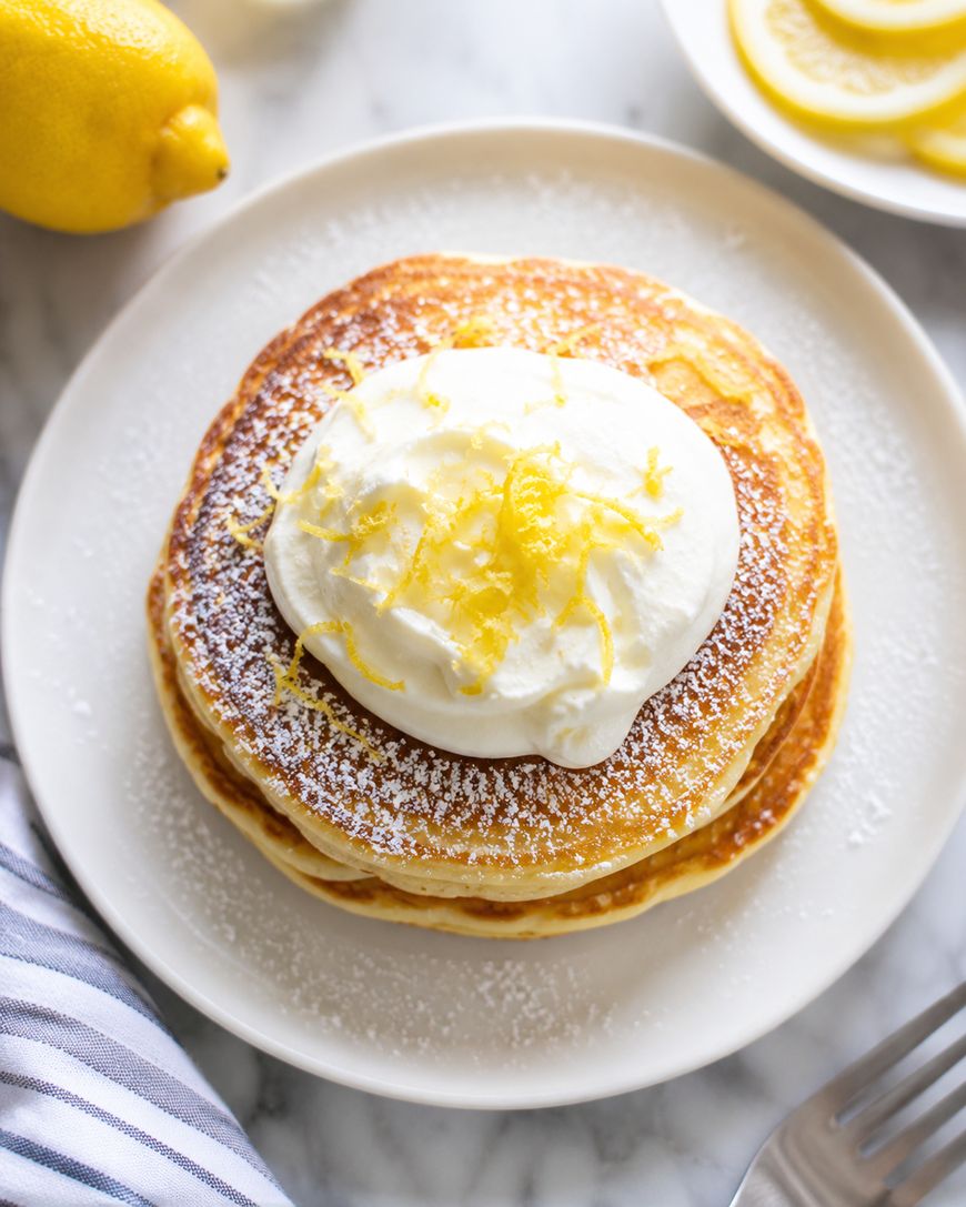 A stack of pancakes topped with whipped cream and lemon zest sits on a white plate, dusted with powdered sugar. Nearby are lemon slices, a whole lemon, and a striped napkin on a marble surface.
