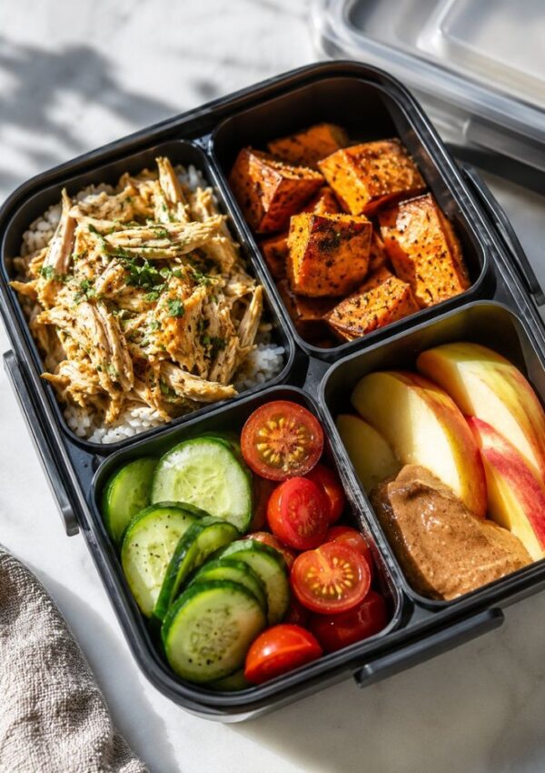 A bento lunch box for adults with four compartments: shredded chicken over rice, roasted sweet potato cubes, sliced cucumber and cherry tomatoes, plus apple slices with nut butter—a perfect pick for adult lunch ideas.