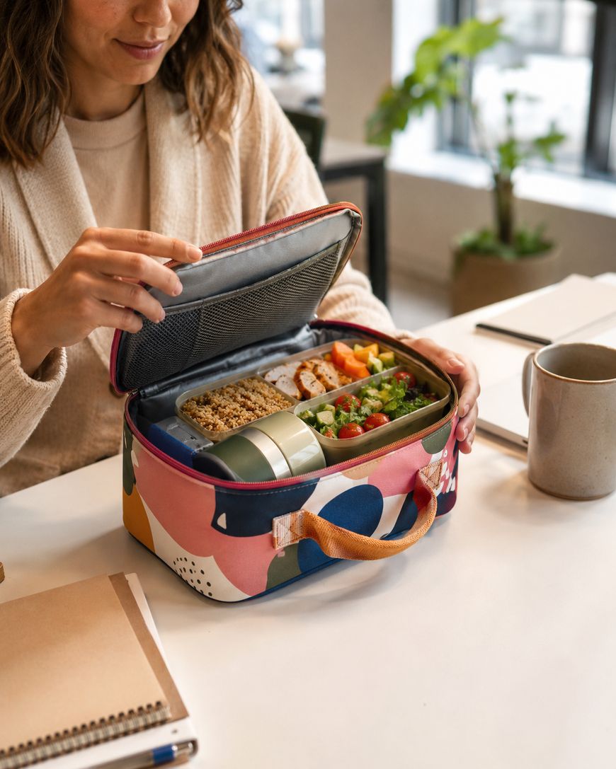 A woman opens a colorful lunch bag containing a neatly packed meal with various foods, sitting at a table with a notebook, pen, and mug nearby.