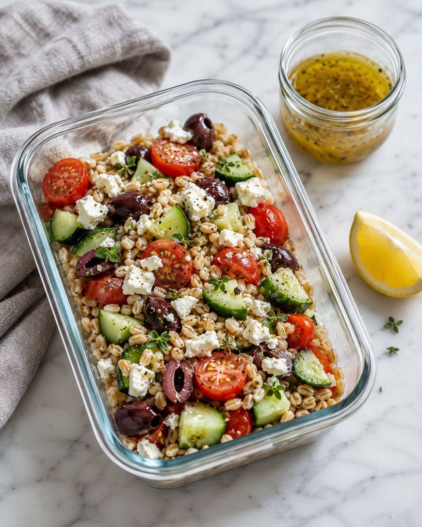 Glass container with salad made of cherry tomatoes, cucumber, olives, feta cheese, grains, and herbs on a marble surface. Nearby are a glass jar of dressing, a lemon wedge, and a folded gray napkin.