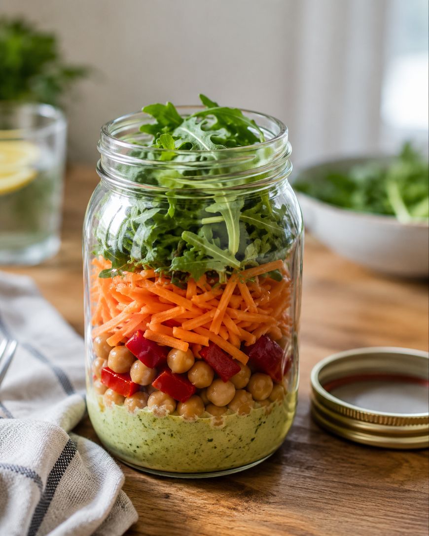 A glass jar filled with layered salad ingredients: green dressing at the bottom, chickpeas, diced red bell peppers, shredded carrots, and fresh arugula on top, sitting on a wooden table with a jar lid nearby.