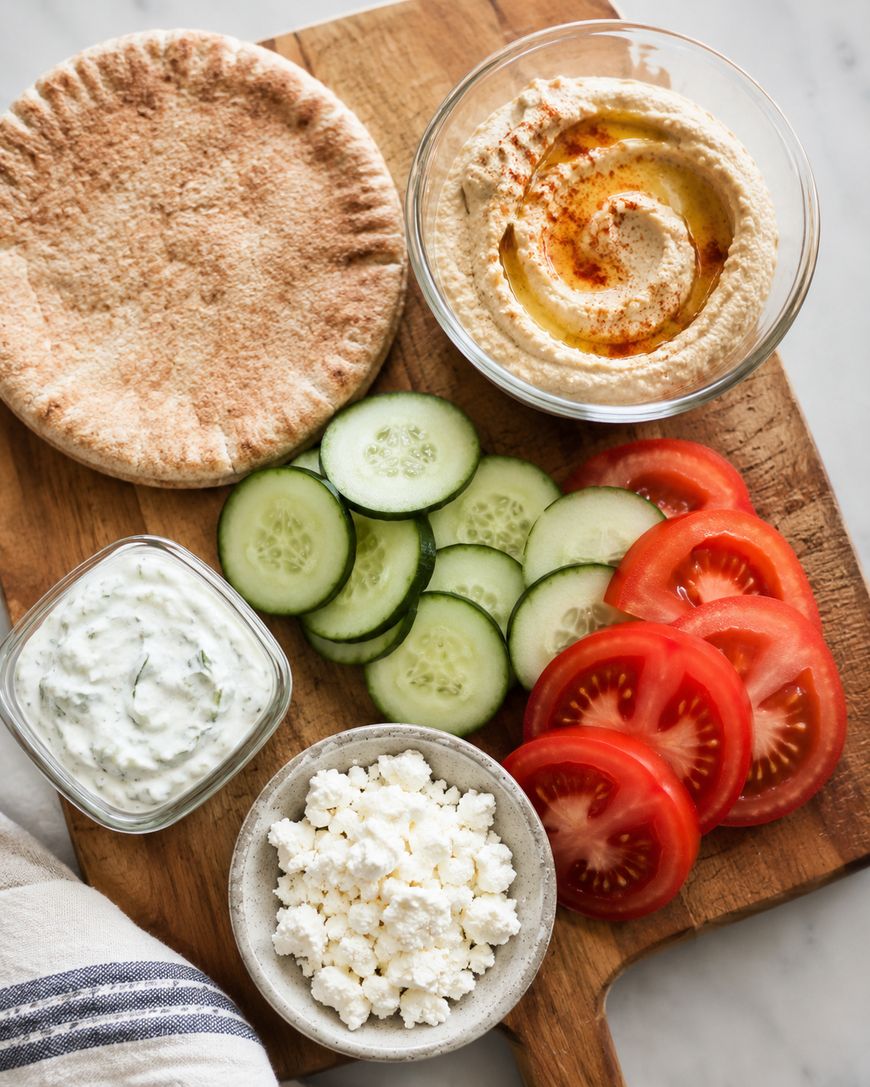 A wooden board with pita bread, a bowl of hummus with paprika and oil, sliced cucumbers, sliced tomatoes, tzatziki sauce in a small bowl, and crumbled feta cheese.