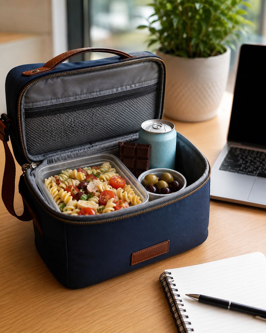 A navy-blue lunch bag with an open lid sits on a desk, revealing a container of pasta salad, green and black olives, a chocolate bar, and a canned drink. Nearby are a laptop, a potted plant, and a notepad with a pen.