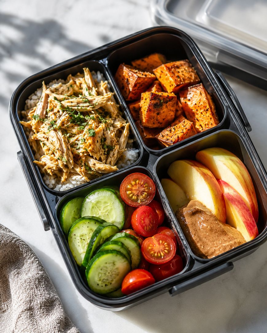 A black bento lunch box with four compartments containing shredded chicken over rice, roasted sweet potatoes, sliced cucumbers and cherry tomatoes, and apple slices with almond butter.