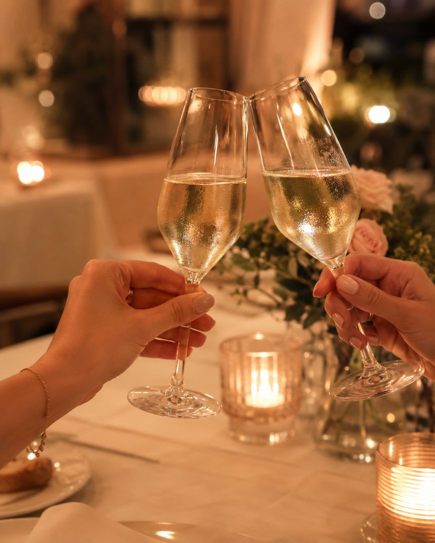 Two people clinking champagne glasses over a candlelit dinner table, with soft lighting, flowers, and candles creating a romantic atmosphere.