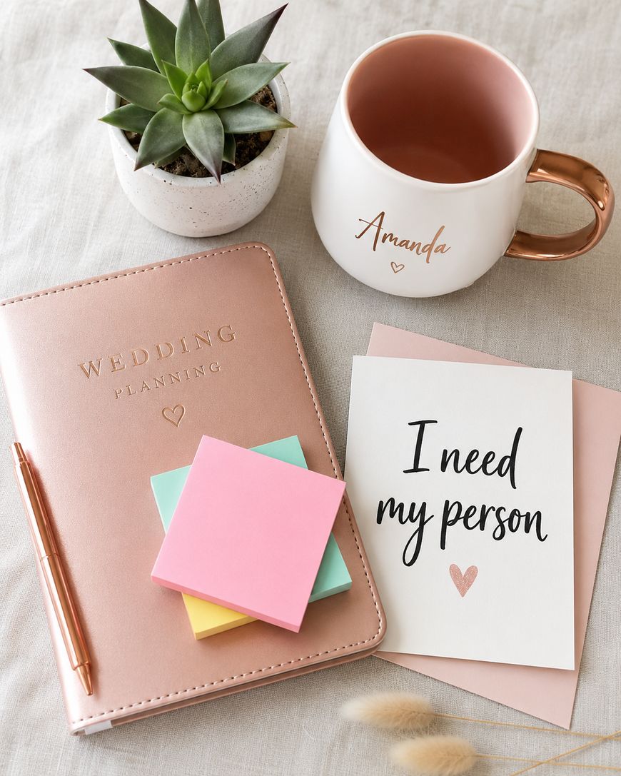 A pink wedding planner, sticky notes, a rose gold pen, a mug with Amanda on it, a small succulent plant, and a card reading I need my person are arranged on a light fabric surface.