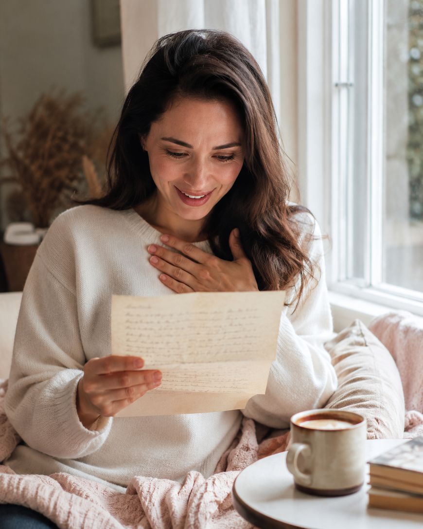 A woman sits by a window, smiling with her hand on her chest as she reads a handwritten letter. A mug and a book rest on the small table in front of her, and a cozy blanket is draped over her lap.