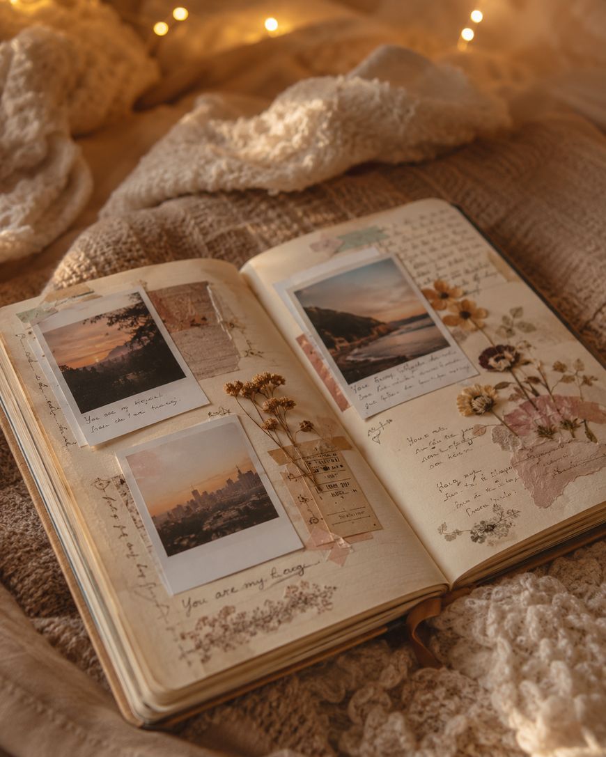 An open journal on a cozy knitted blanket, decorated with Polaroid photos, dried flowers, handwritten notes, and soft warm fairy lights in the background, creating a nostalgic and dreamy atmosphere.