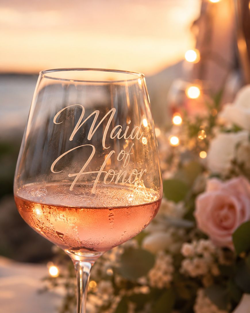 A wine glass with Maid of Honor engraved on it, filled with rosé, sits on a table decorated with pink roses and greenery, with warm string lights and a soft sunset in the background.