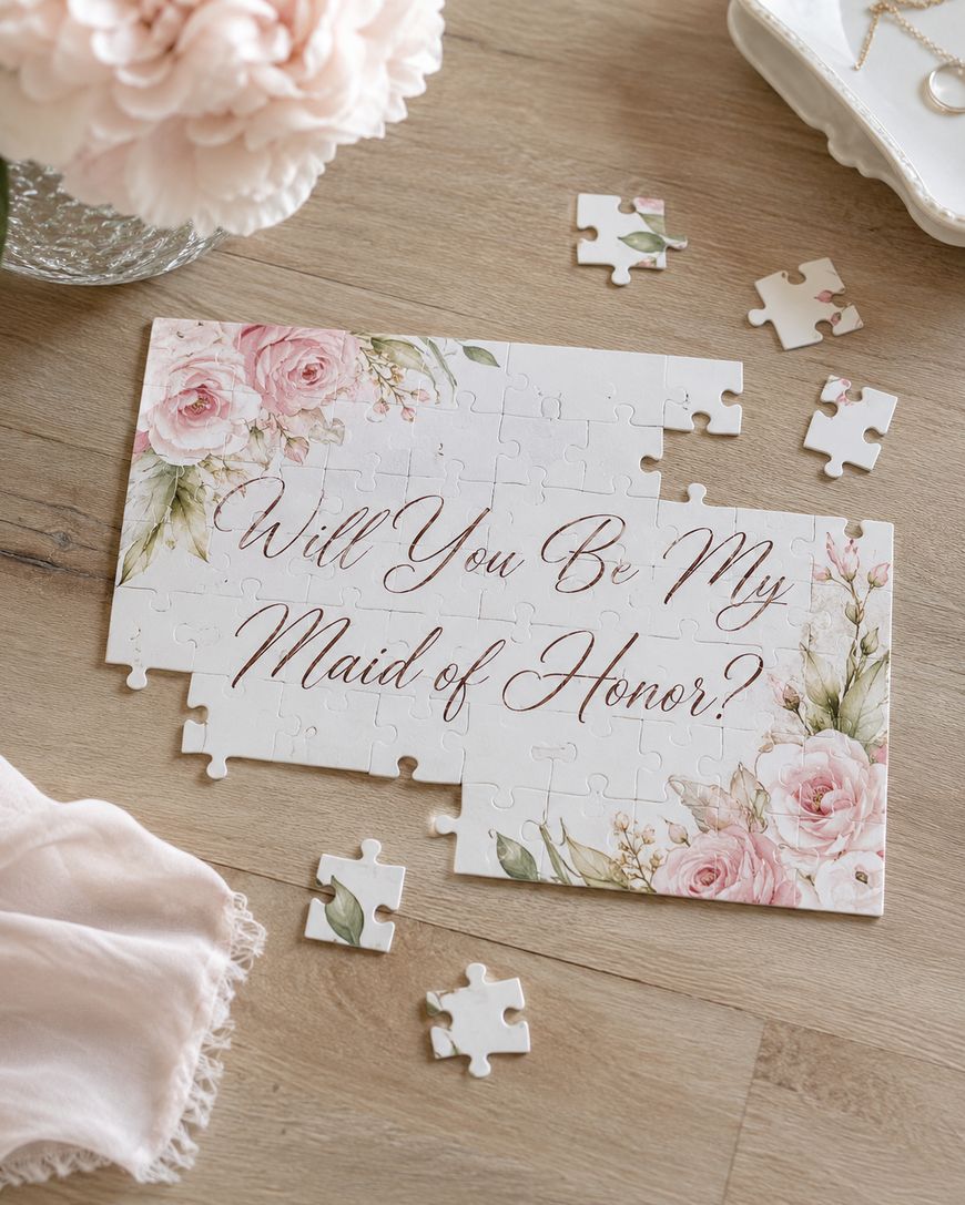 A floral puzzle with the words Will You Be My Maid of Honor? is partially assembled on a wooden surface, surrounded by puzzle pieces, a pink cloth, and a vase of flowers.