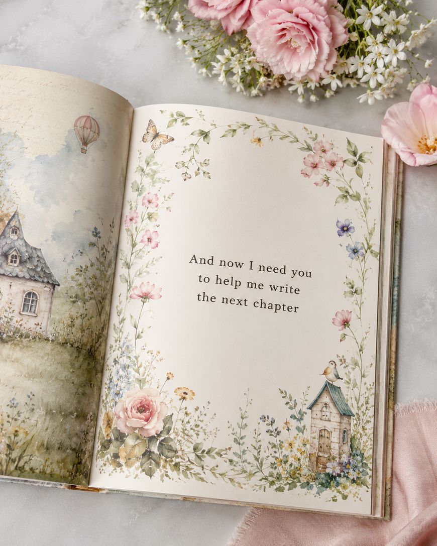 An open book with floral illustrations, a small house, and birds on the pages. The text reads, And now I need you to help me write the next chapter. Pink flowers and a lace cloth are nearby.